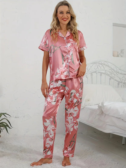 Damen Pyjama Set Rosa Blumenmuster Zweiteiler