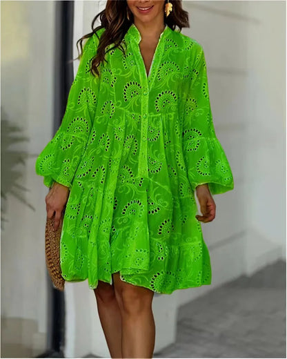 Damen Spitzenkleid Boho-Stil Knopfleiste Weite Ärmel