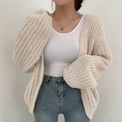 Damen Strickjacke Grobstrick Offene Vorderseite Beige