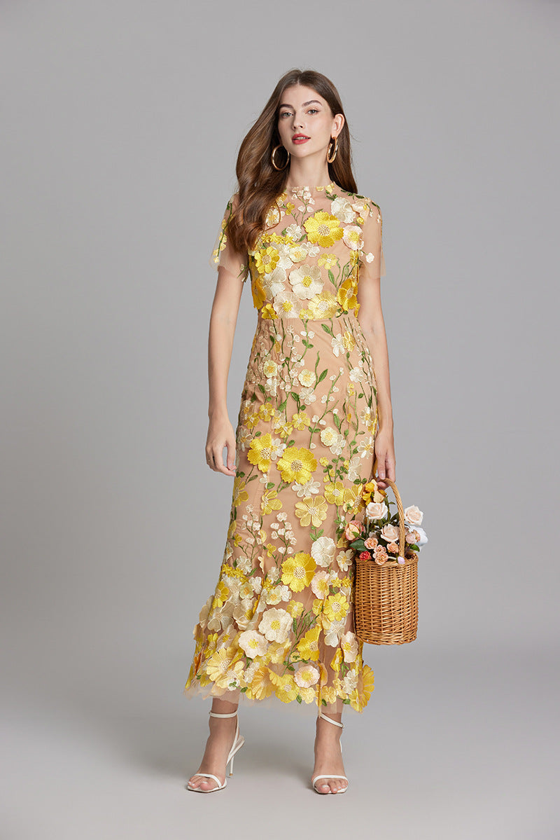Damen Maxikleid Transparent Blumenstickerei