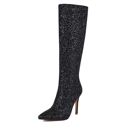 Lunéa Damen Glitzerstiefel Kniehoch Spitze Stiletto