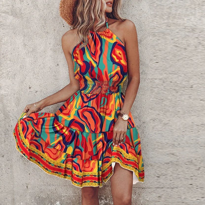 Damen Sommerkleid Ärmellos Boho-Print Tailliert