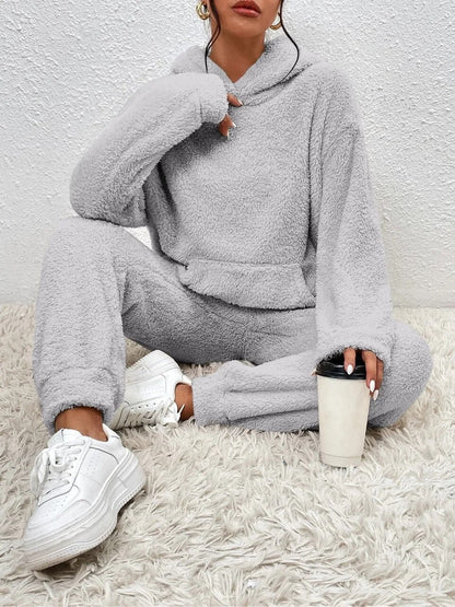 Grauer Teddy Hausanzug mit Hoodie und Hose
