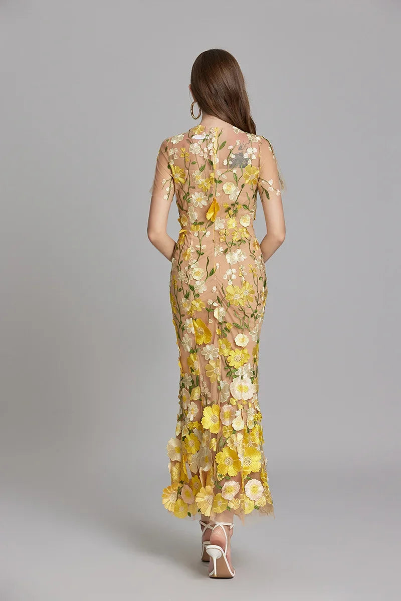 Damen Maxikleid Blumenapplikationen Sommerkleid