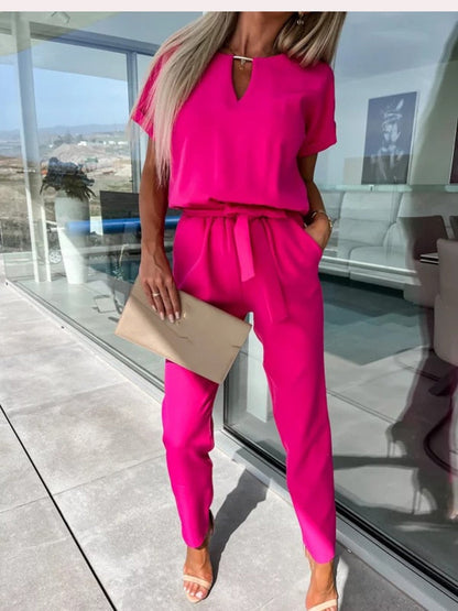 Norvielle Damen Jumpsuit Kurzärmelig Mit Gürtel Elegant - Norvielle