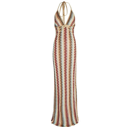 Damen Maxikleid Retro-Wellenmuster Rückenfrei Figurbetonend