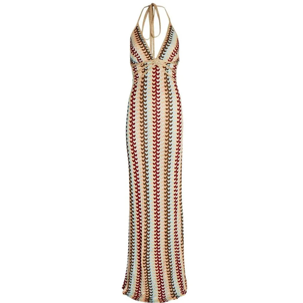 Damen Maxikleid Retro-Wellenmuster Rückenfrei Neckholder
