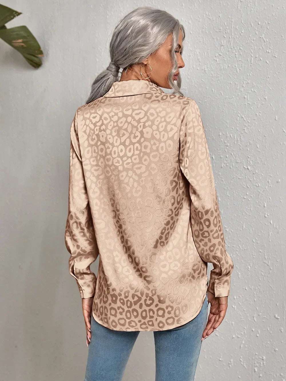 Damen Bluse Glanz-Effekt Langarm Knopfleiste