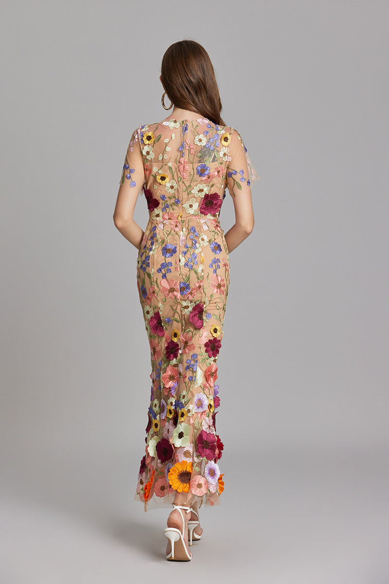 Damen Maxikleid Transparent Blumenstickerei