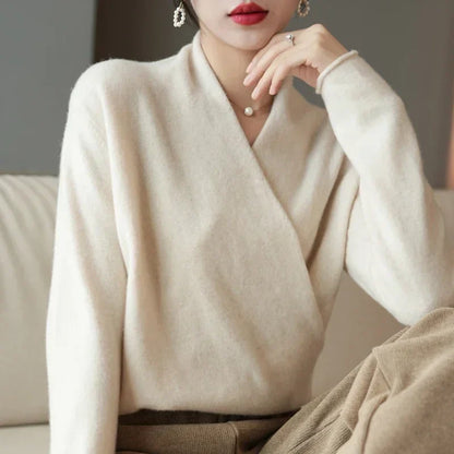 Damen Wickelpullover V-Ausschnitt Wollig Beige