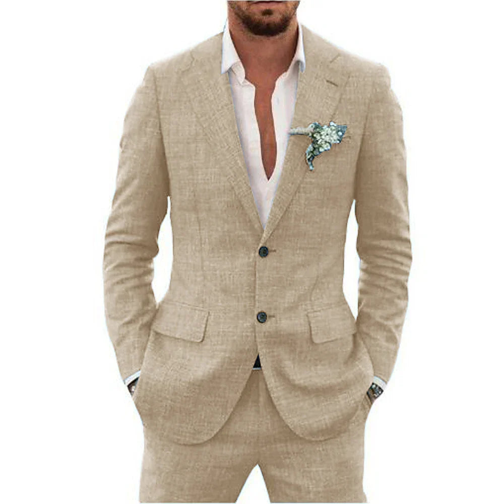Herren Sommer Anzug Slim Fit Baumwolle Beige
