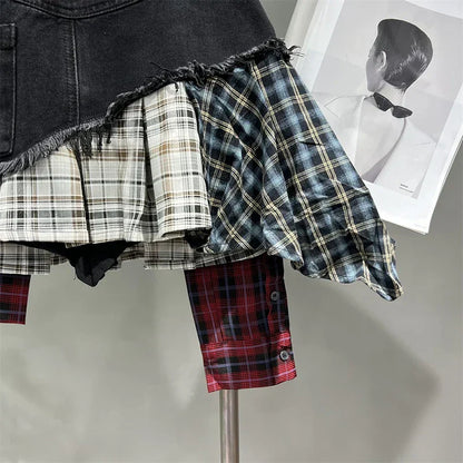 Damen Denim Mini-Rock Patchwork Kariert Hochtaille Dunkelblau