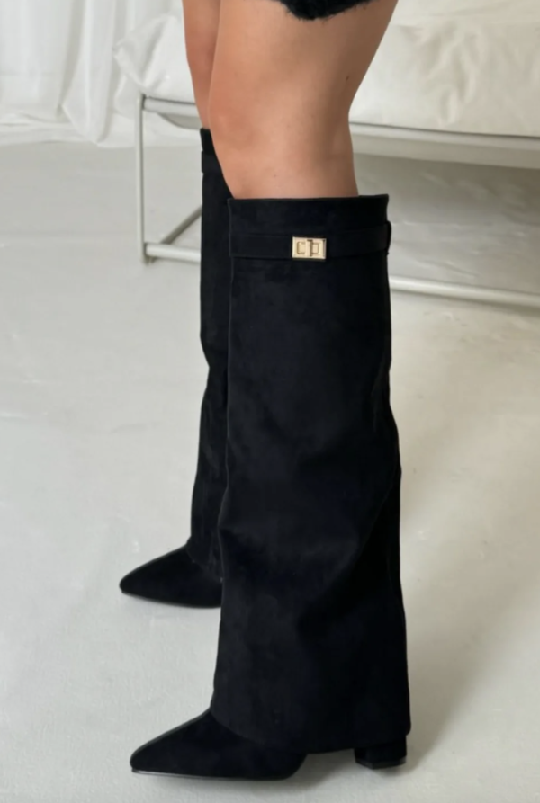 Damen Stiefel Wildleder Knielang Spitz Blockabsatz