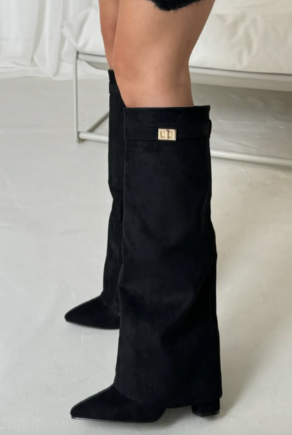 Damen Stiefel Wildleder Knielang Spitz Blockabsatz