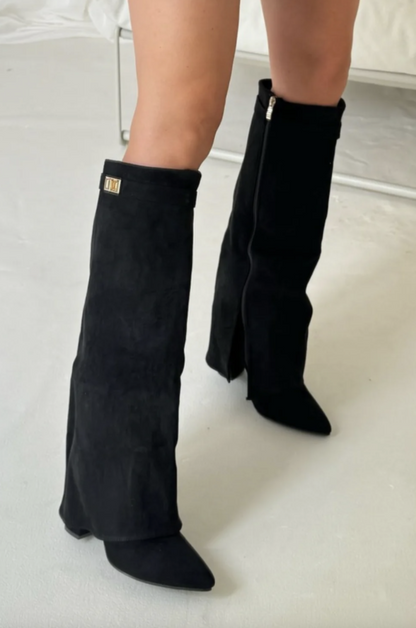 Damen Stiefel Wildleder Knielang Spitz Blockabsatz