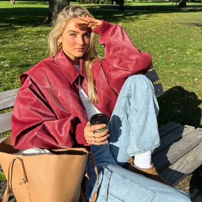 Damen Oversized Jacke Roter Reißverschluss