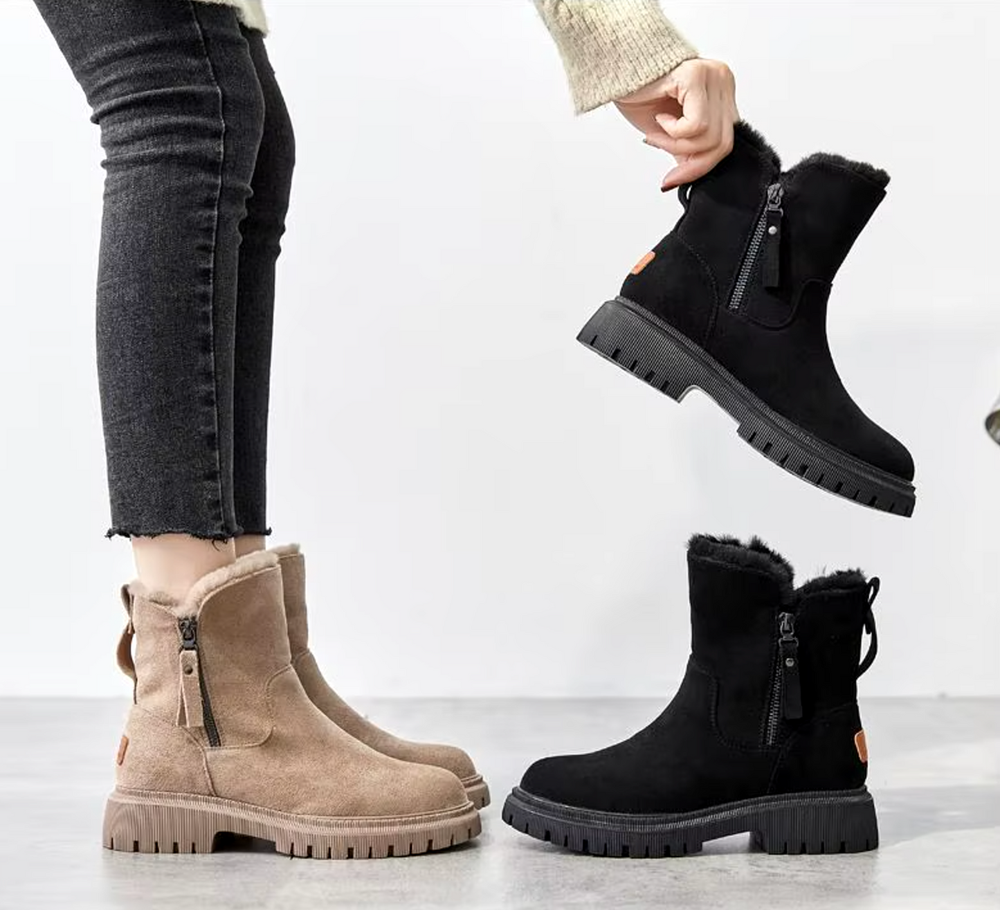 Damen Stiefeletten Warm Fellfutter Chunky Sohle