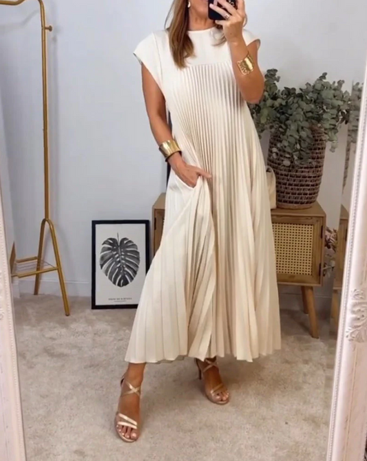 Ärmelloses Damen Midikleid Beige Plisee A-Linie mit Taschen - Norvielle