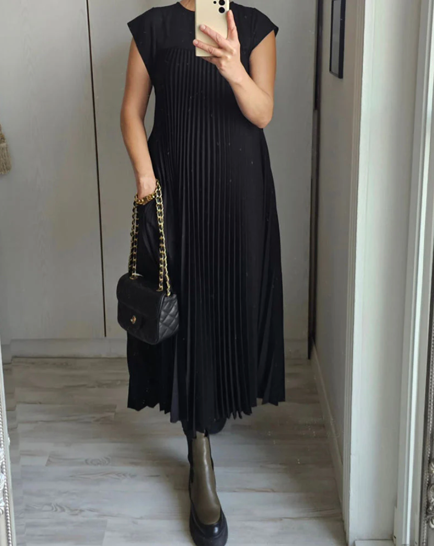 Ärmelloses Damen Midikleid Beige Plisee A-Linie mit Taschen