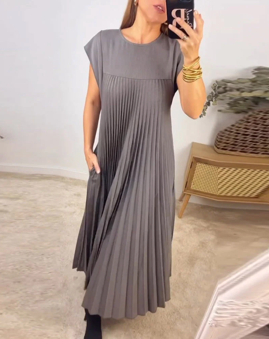Ärmelloses Damen Midikleid Beige Plisee A-Linie mit Taschen