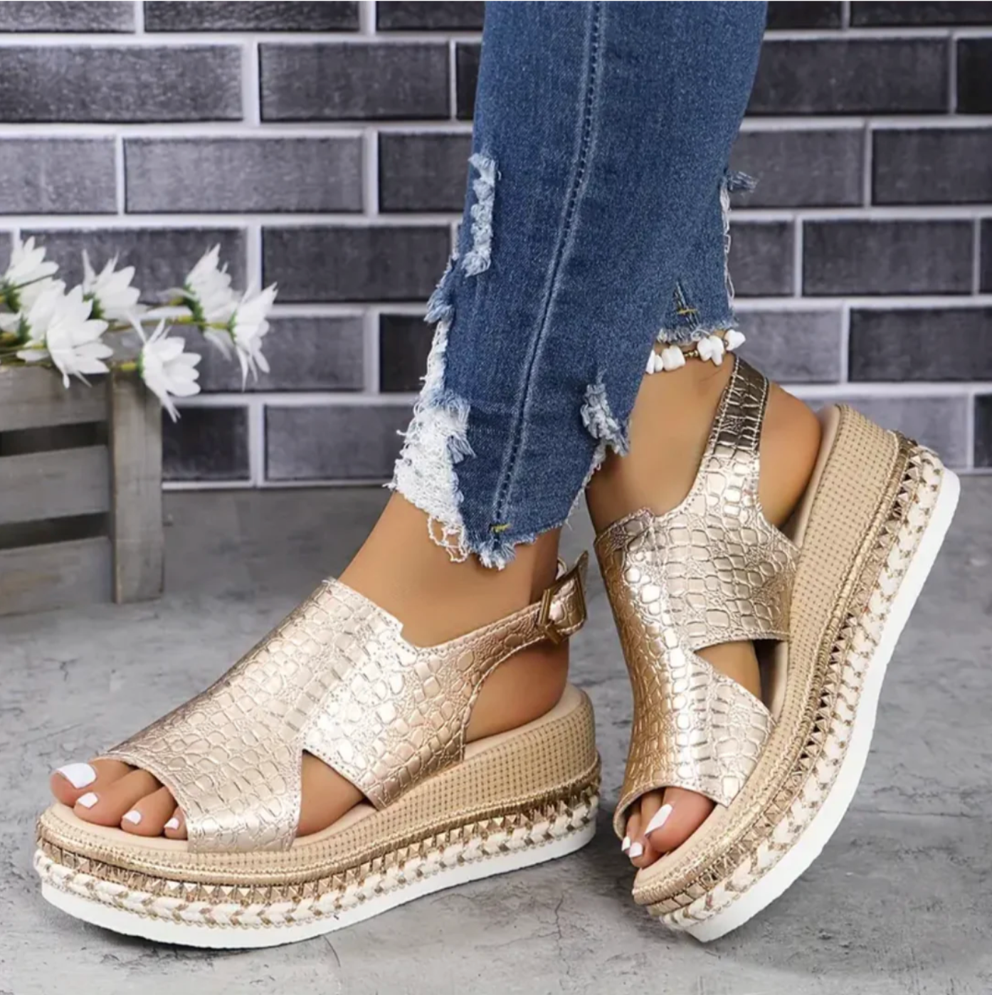 Damen Plateau Keilsandalen Leder Beige