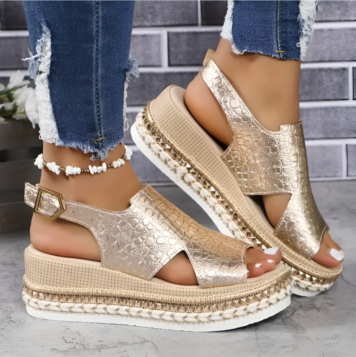 Damen Plateau Keilsandalen Leder Beige - Eveloria