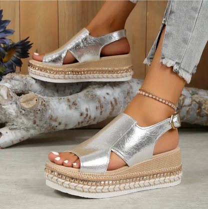 Damen Plateau Keilsandalen Leder Beige
