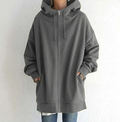 Damen Oversize Hoodie Kapuze Reißverschluss Uni-Farben