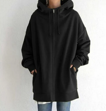 Damen Oversize Hoodie Kapuze Reißverschluss Uni-Farben