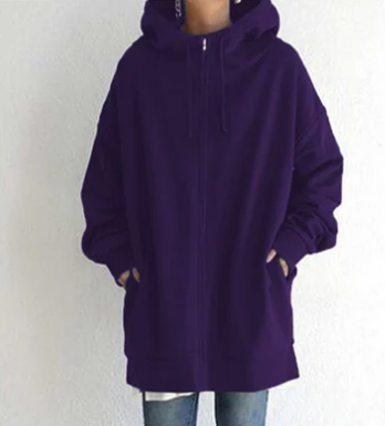 Damen Oversize Hoodie Kapuze Reißverschluss Uni-Farben