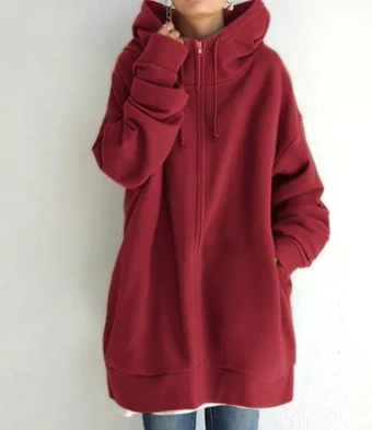 Damen Oversize Hoodie Kapuze Reißverschluss Uni-Farben