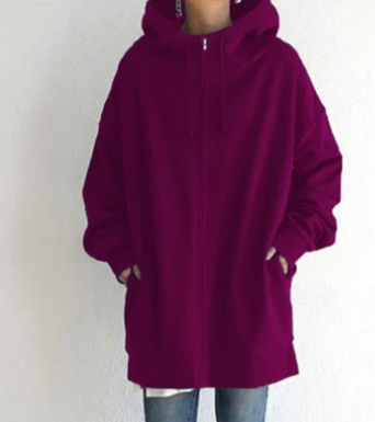 Damen Oversize Hoodie Kapuze Reißverschluss Uni-Farben