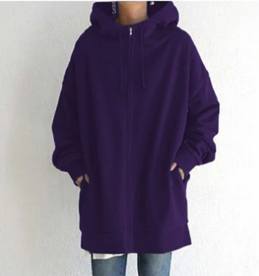 Damen Oversize Hoodie Kapuze Reißverschluss Uni-Farben