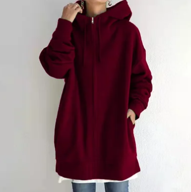 Damen Oversize Hoodie Kapuze Reißverschluss Uni-Farben