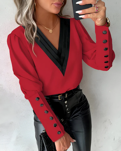 Damen V-Ausschnitt Bluse Farbblock Muster Elegantes Design