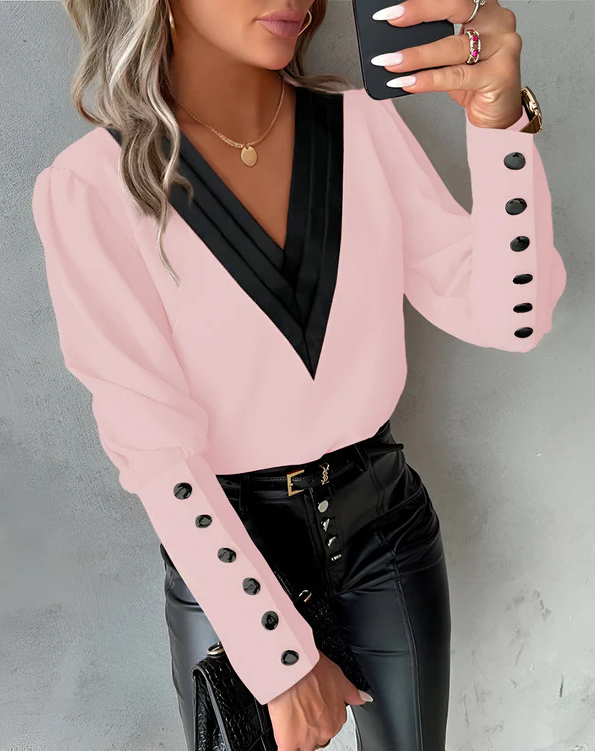 Damen V-Ausschnitt Bluse Farbblock Muster Elegantes Design