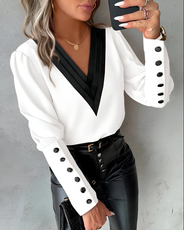 Damen V-Ausschnitt Bluse Farbblock Muster Elegantes Design - Norvielle