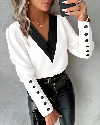 Damen V-Ausschnitt Bluse Farbblock Muster Elegantes Design - Norvielle