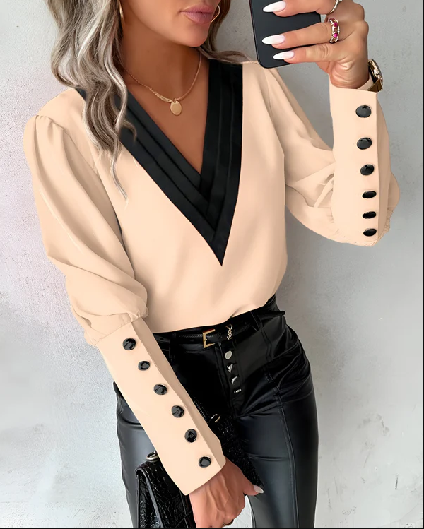Damen V-Ausschnitt Bluse Farbblock Muster Elegantes Design