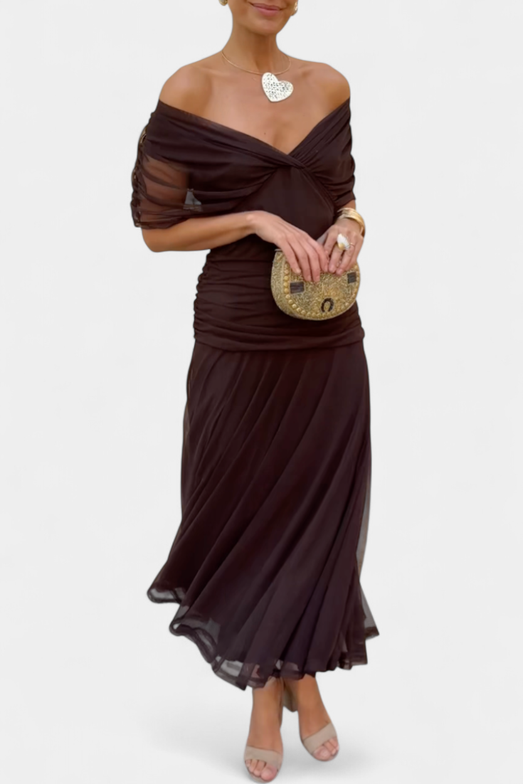 Damen Maxi Kleid Off-Shoulder Gerafftes