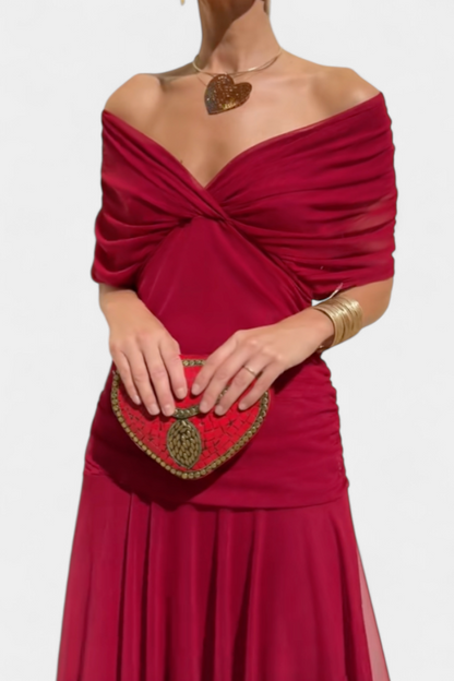 Damen Maxi Kleid Off-Shoulder Gerafftes