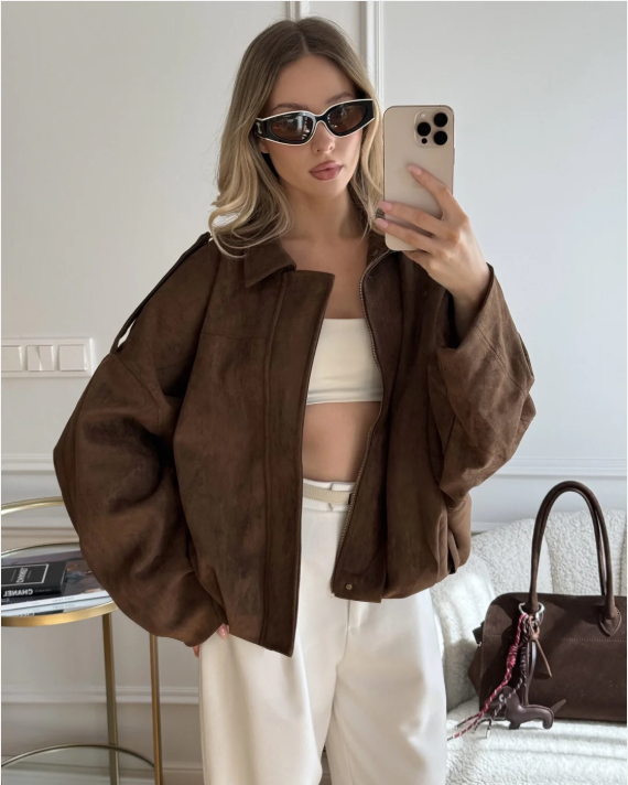 Damen Veloursjacke Oversized Komfortbeige
