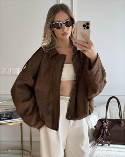 Damen Veloursjacke Oversized Komfortbeige