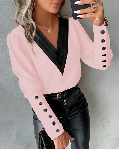 Damen V-Ausschnitt Bluse Farbblock Muster Elegantes Design