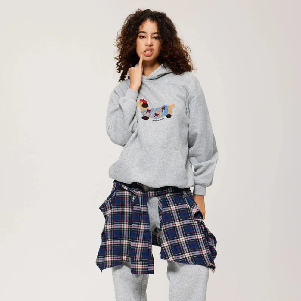 Damen Oversize Kapuzenpullover Hunde-Print Hellgrau