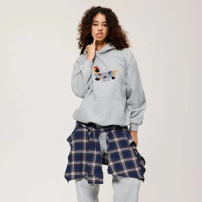 Damen Oversize Kapuzenpullover Hunde-Print Hellgrau
