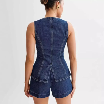 Damen Denim-Zweiteiler-Set mit Weste und Shorts