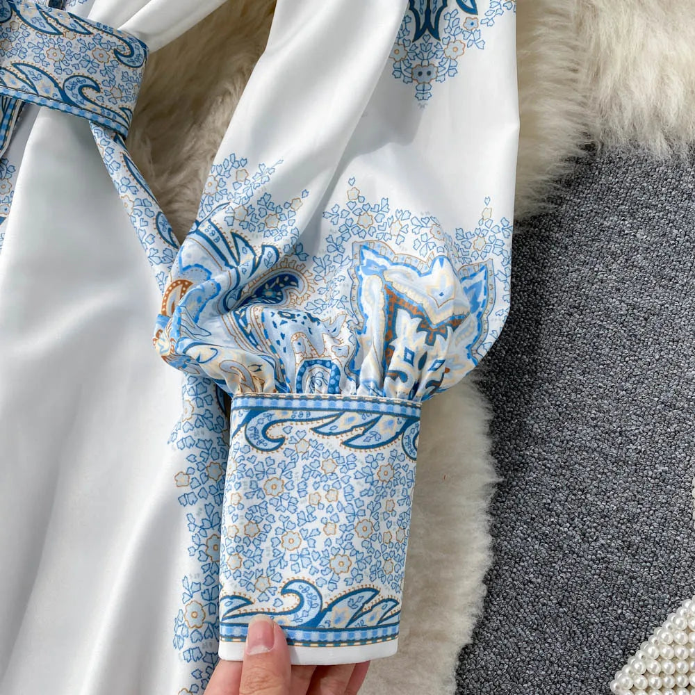 Damen A-Linienkleid mit Gürtel Blumenmuster