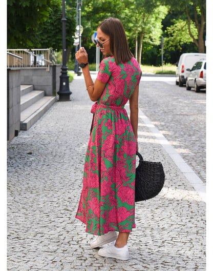 Damen Wickelkleid V-Ausschnitt Kurzarm Midi