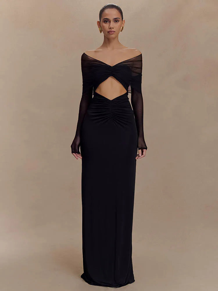 Damen Maxikleid Schulterfrei Cut-Out Länge Langärmlig